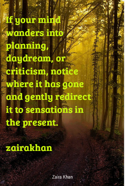 If your mind wanders into planning, daydream, or criticism, notice where it has gone and gently redirect it to sensations in the present.

zairakhan